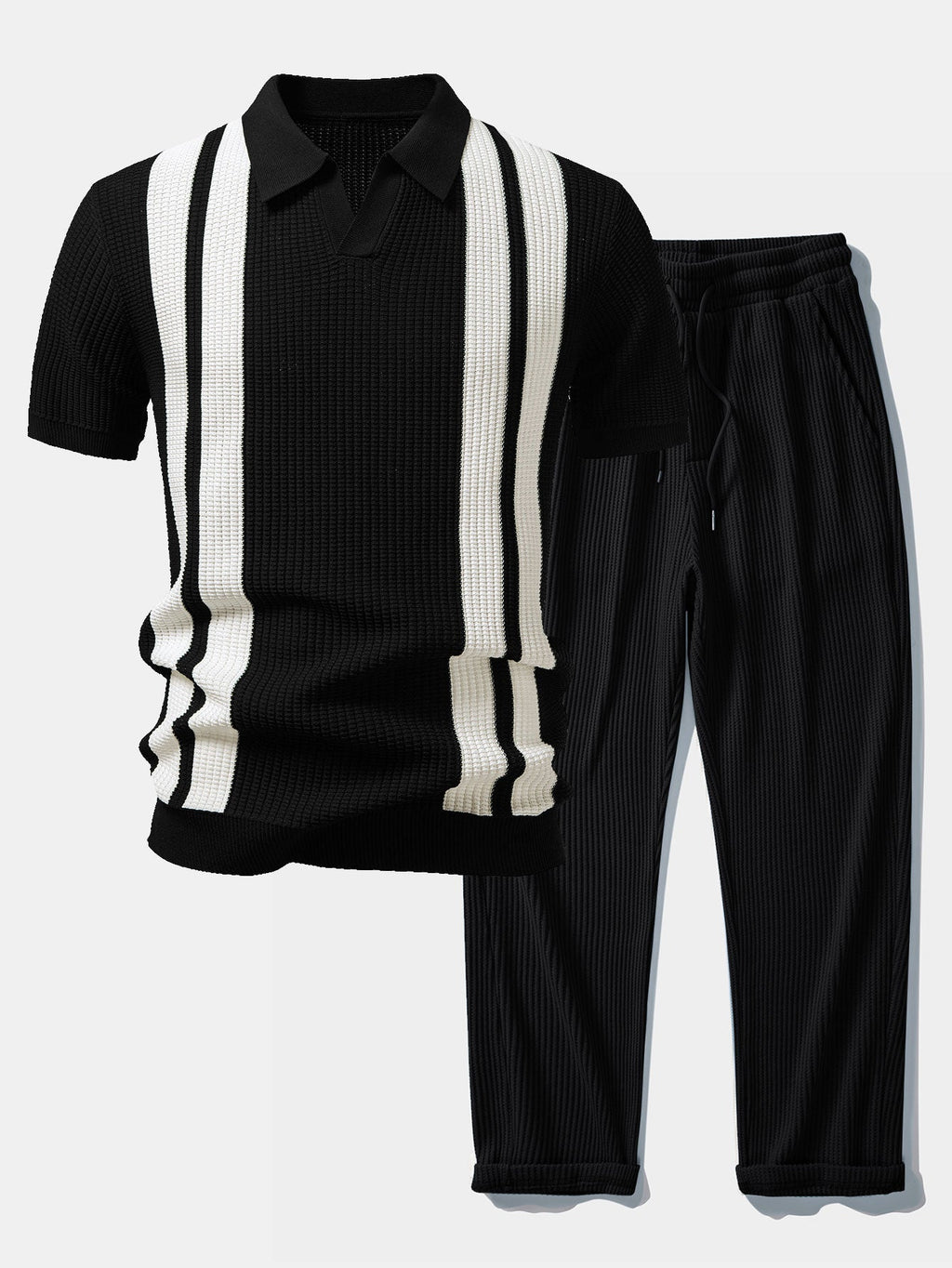 Stripe Johnny Collar Knit Polo & Drawstring Knitted Waffle Pants