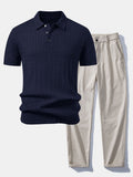 Twisted Jacquard Knit Polo & Elastic Waist Straight Leg Trousers
