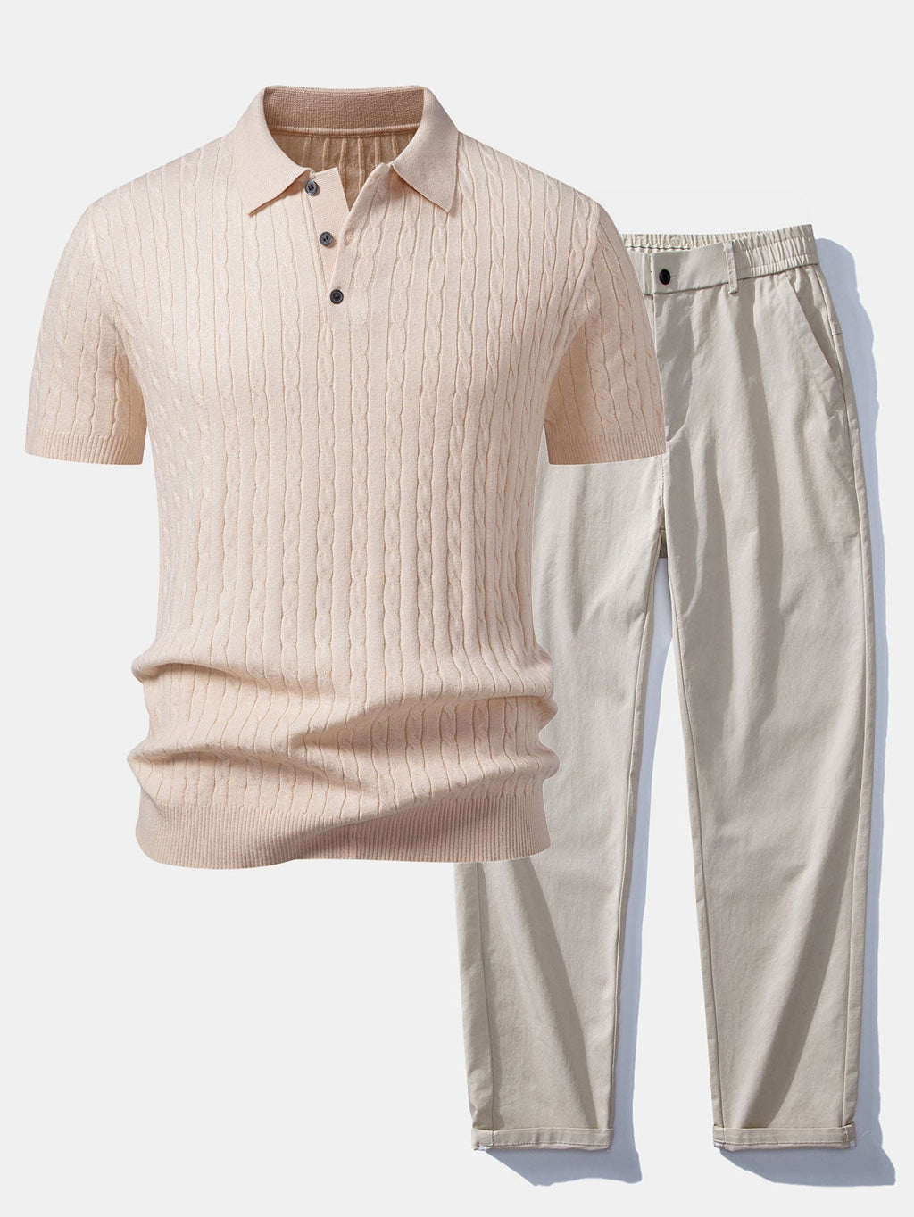 Twisted Jacquard Knit Polo & Elastic Waist Straight Leg Trousers