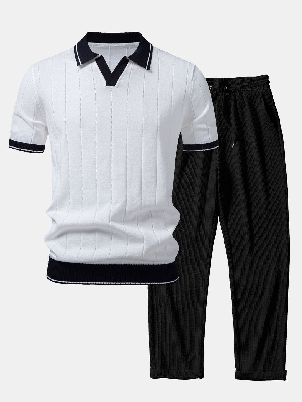 Contrast Trim Ribbed Johnny Collar Knit Polo & Straight Leg Ribbed Pants