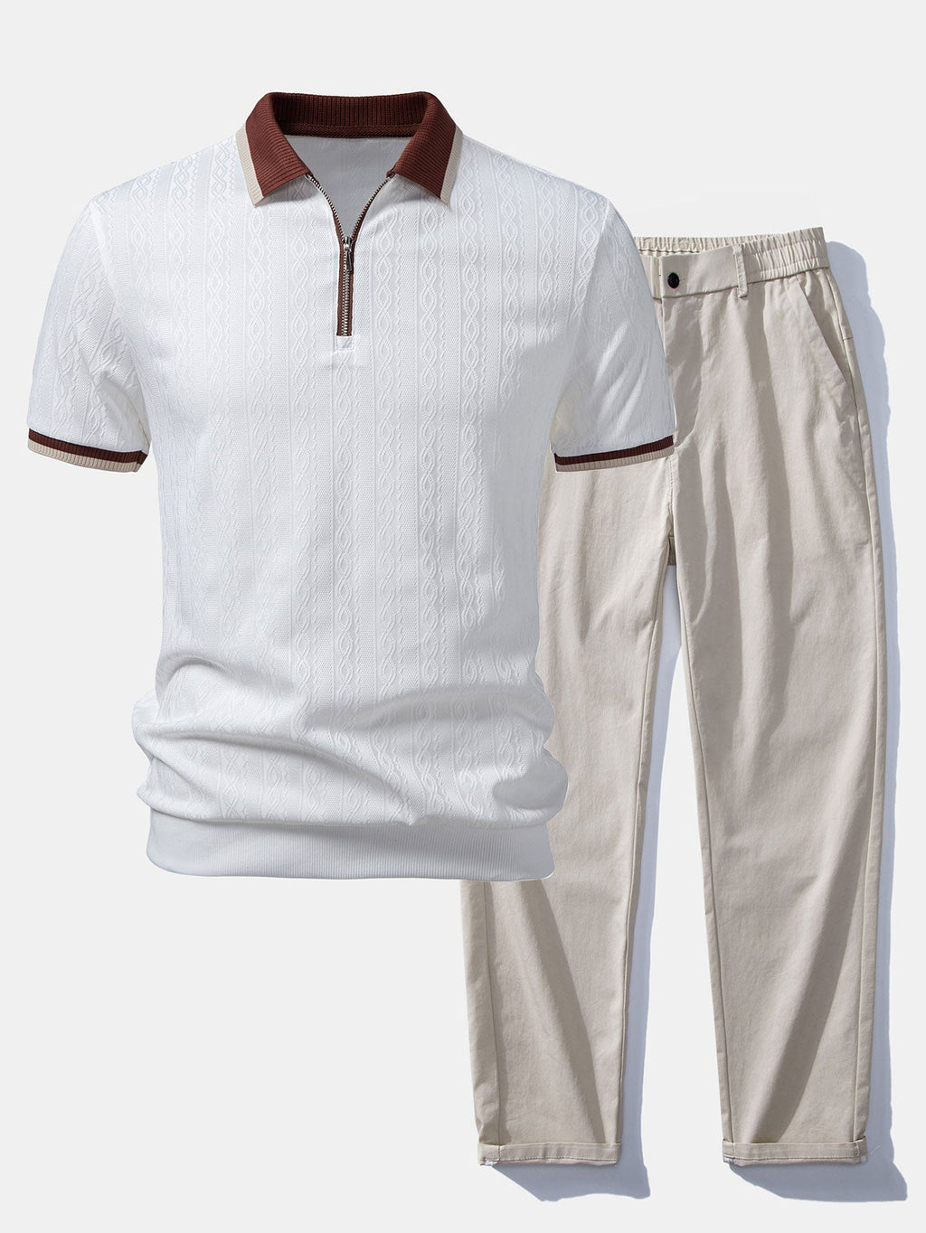 Contrast Trim Textured Zipper Knit Polo & Elastic Waist Straight Leg Trousers