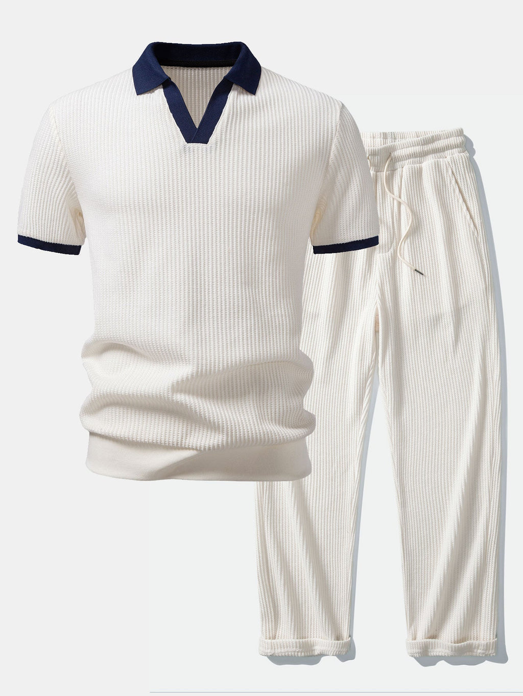 Contrast Knit Waffle Johnny Collar Polo & Drawstring Knitted Waffle Pants