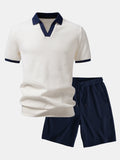 Contrast Knit Waffle Johnny Collar Polo & Drawstring Knitted Waffle Shorts