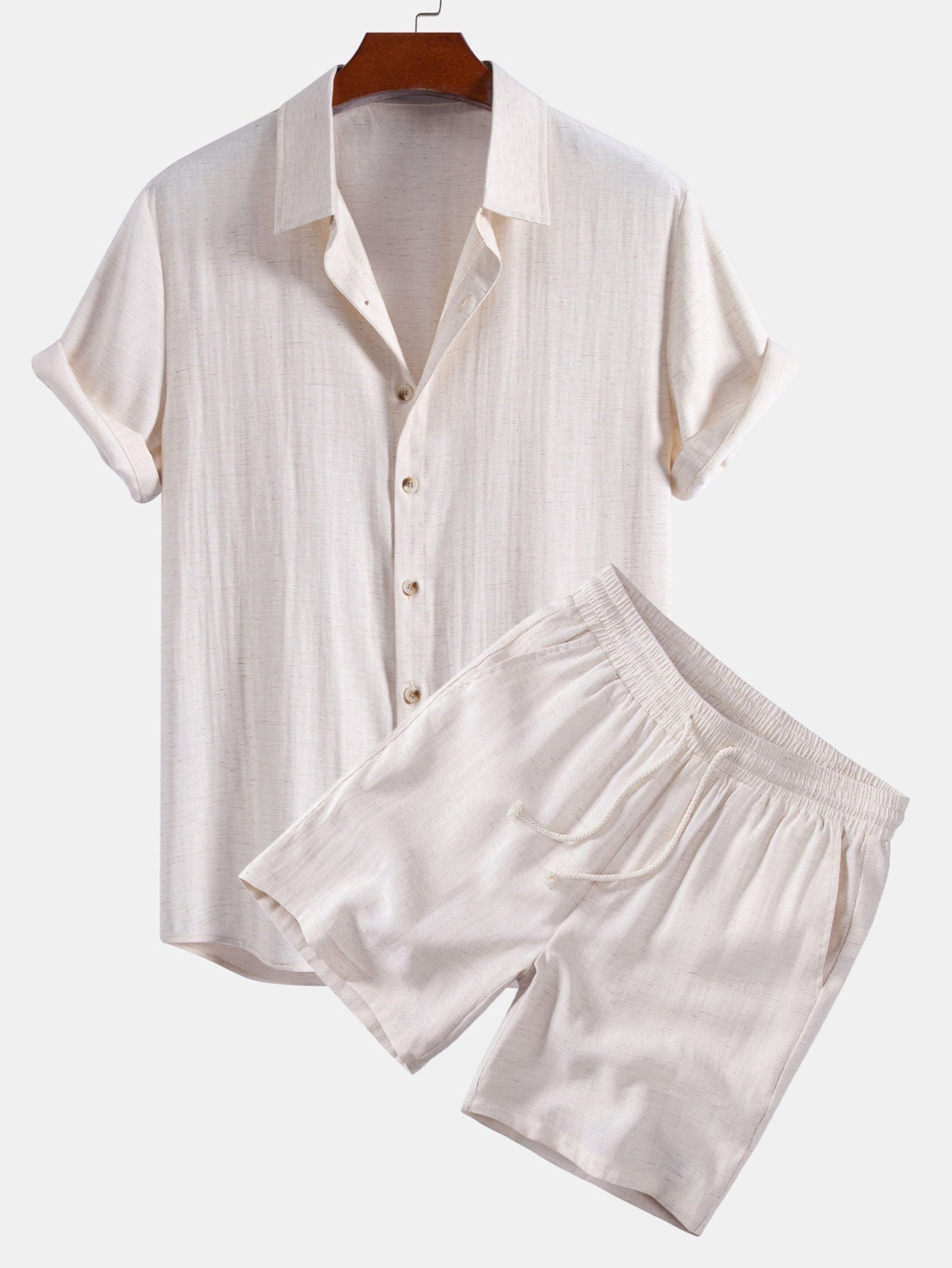 Linen Rayon Blend Button Up Shirt & Drawstring 7" Shorts