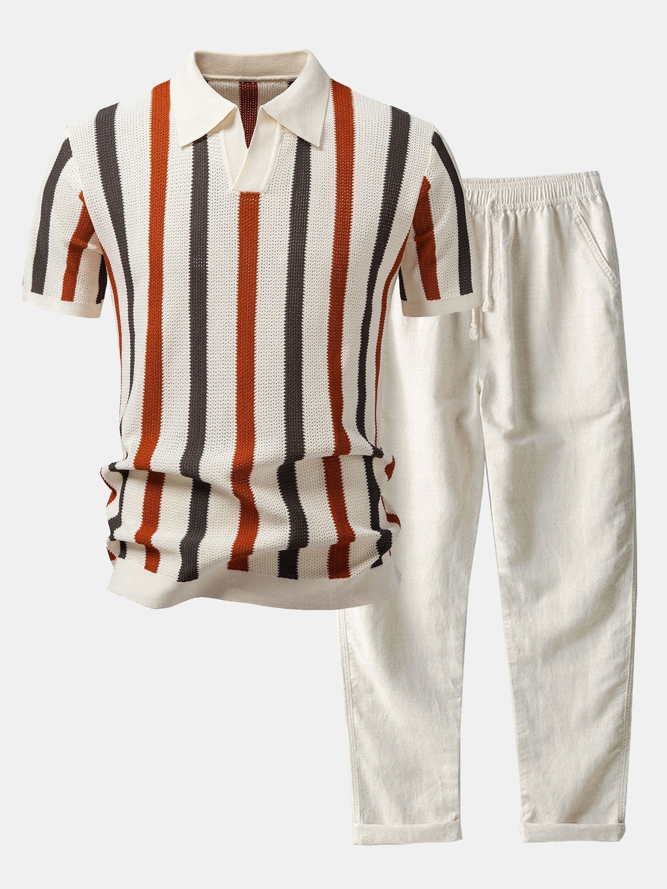 Striped Knit Johnny Collar Polo & Straight Leg Linen Pants