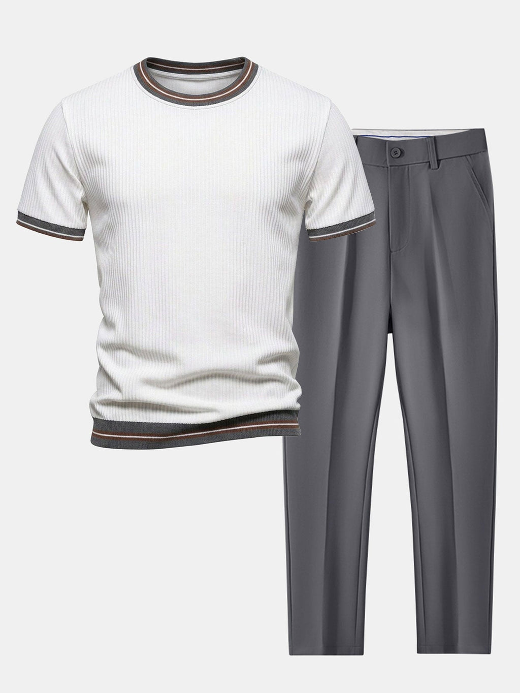 Textured Contrast Crew Neck Knit T-Shirt & Slim Fit Tapered Trousers