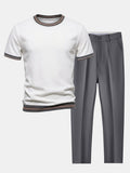 Textured Contrast Crew Neck Knit T-Shirt & Slim Fit Tapered Trousers