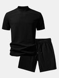 Ribbed  Mock Neck T-Shirt & Drawstring Ribbed Shorts