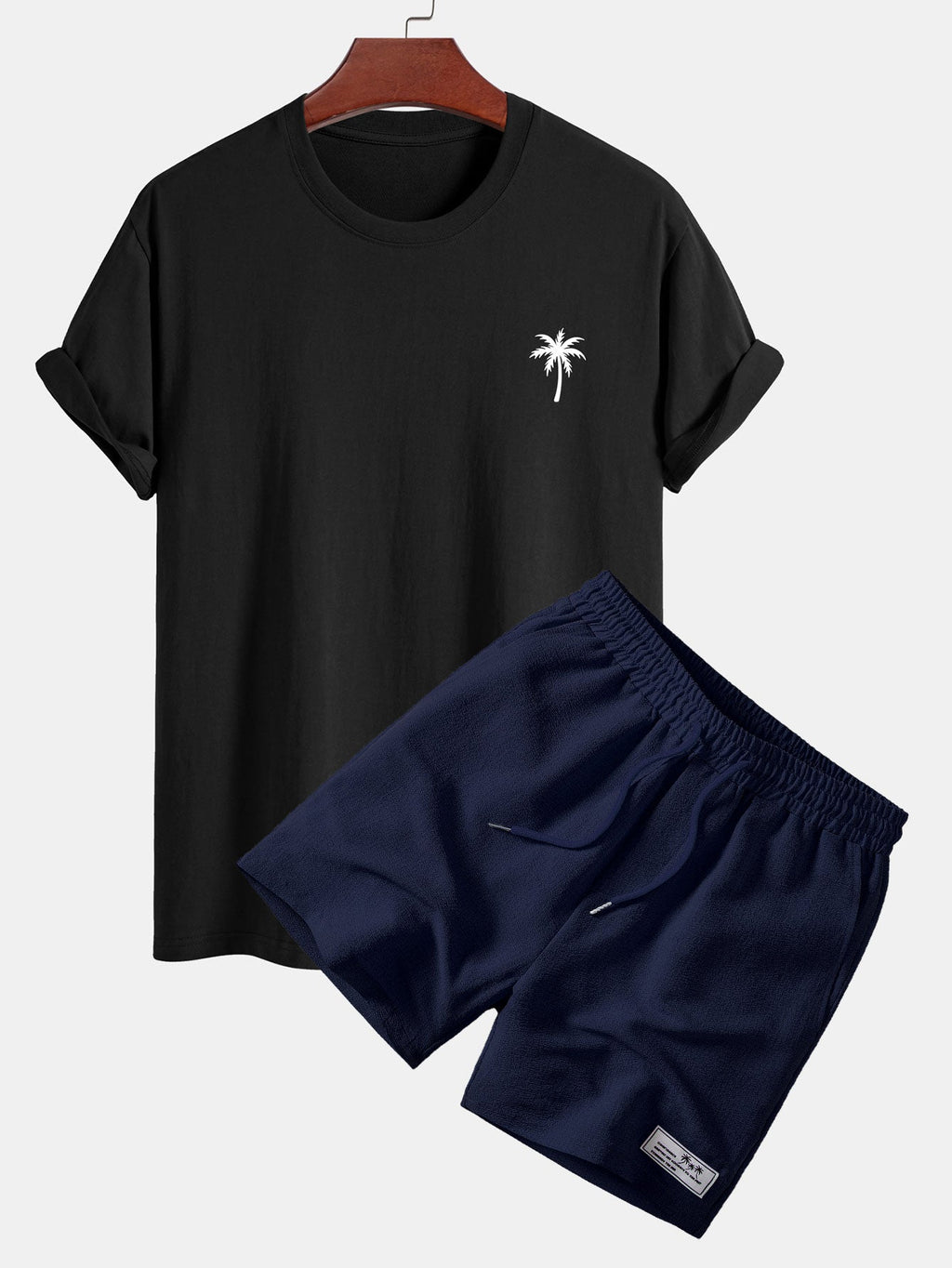 Regular Fit Palm Tree Print Cotton T-Shirt & Palm Tree Patch Seersucker 6" Shorts