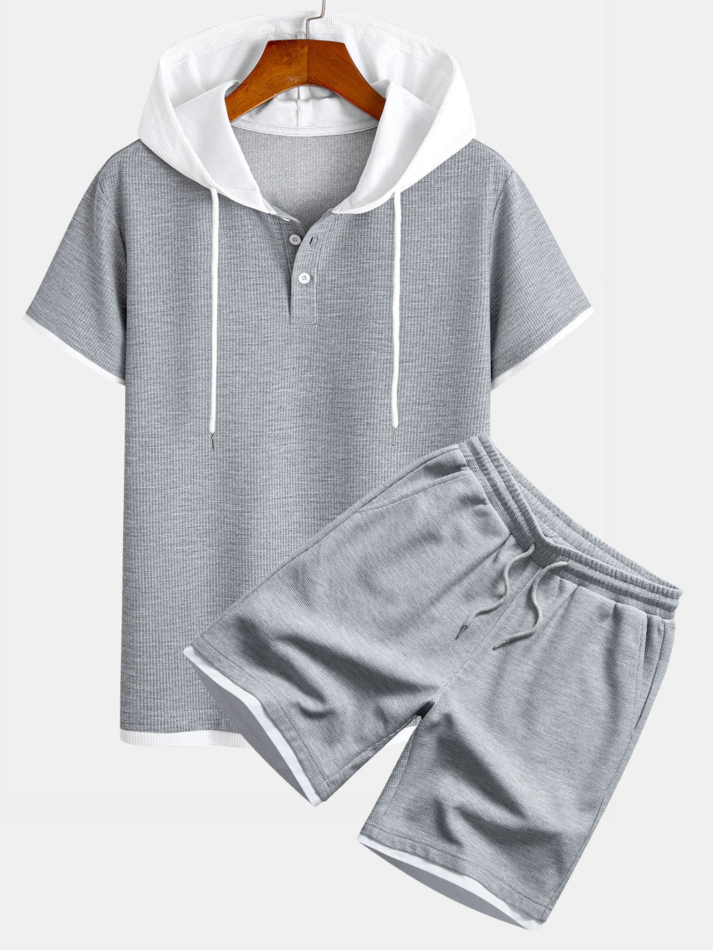 Contrast Button-Placket Waffle Hooded T-Shirt & 2 In 1 Waffle 7″‌ Shorts