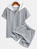 Contrast Button-Placket Waffle Hooded T-Shirt & 2 In 1 Waffle 7″‌ Shorts