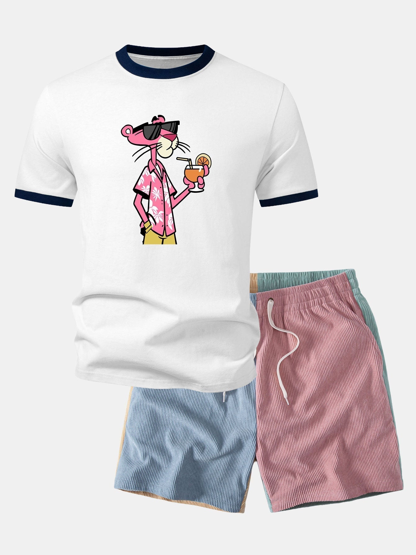 Vacation Pink Panther Print Contrast Ringer T-Shirt & Color Block Drawstring 6" Corduroy Shorts