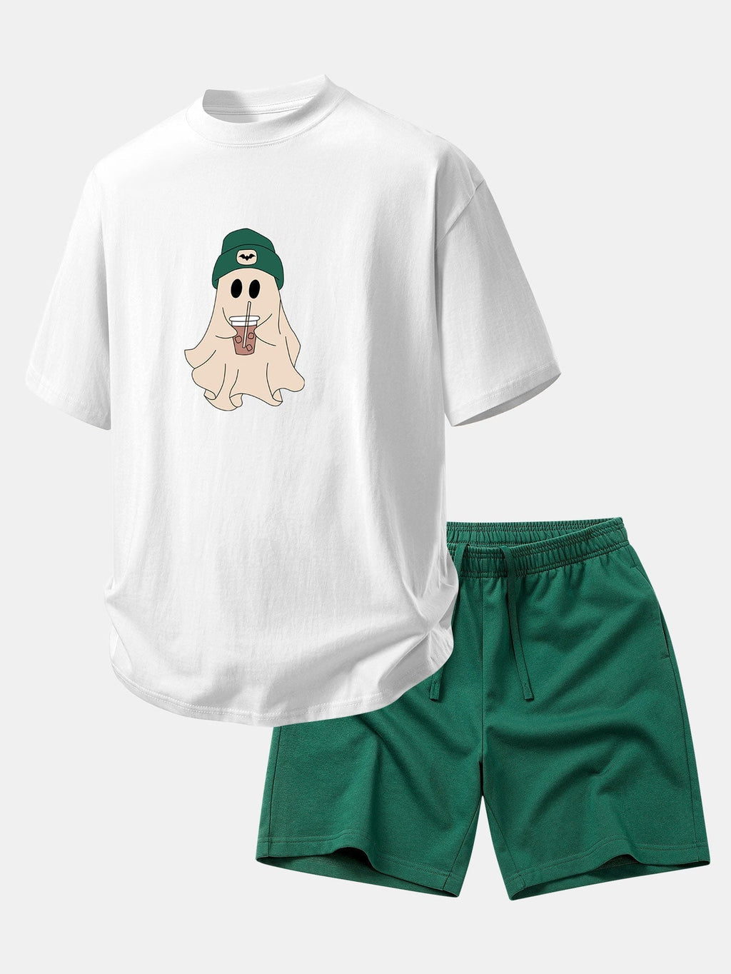 Relax Fit Darkgreen Hat Ghost Print Cotton T-Shirt & Cotton Drawstring 7" Shorts