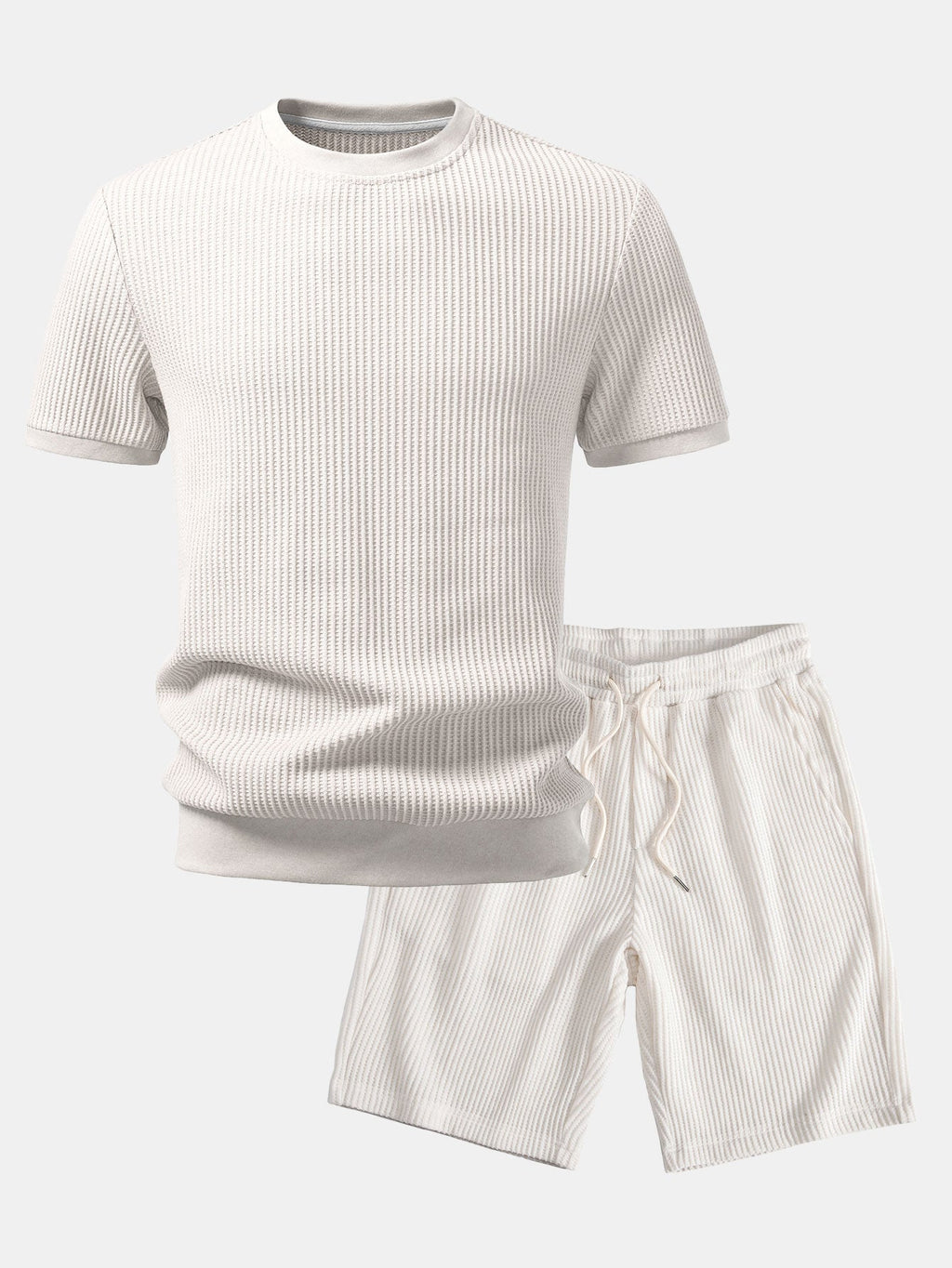 Waffle Ribbed Hem T-Shirt & Drawstring Knit Waffle Shorts