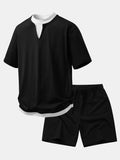 Relax Fit 2 In 1 Notched Collar T-Shirt & Cotton Drawstring 7" Shorts