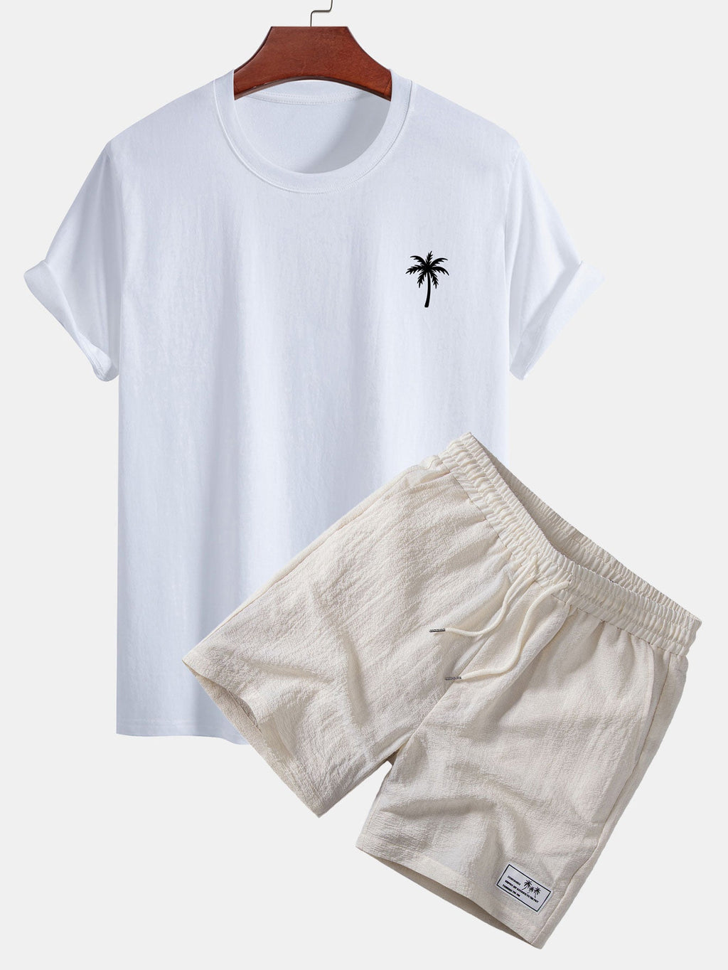 Regular Fit Palm Tree Print Cotton T-Shirt & Palm Tree Patch Seersucker 6" Shorts