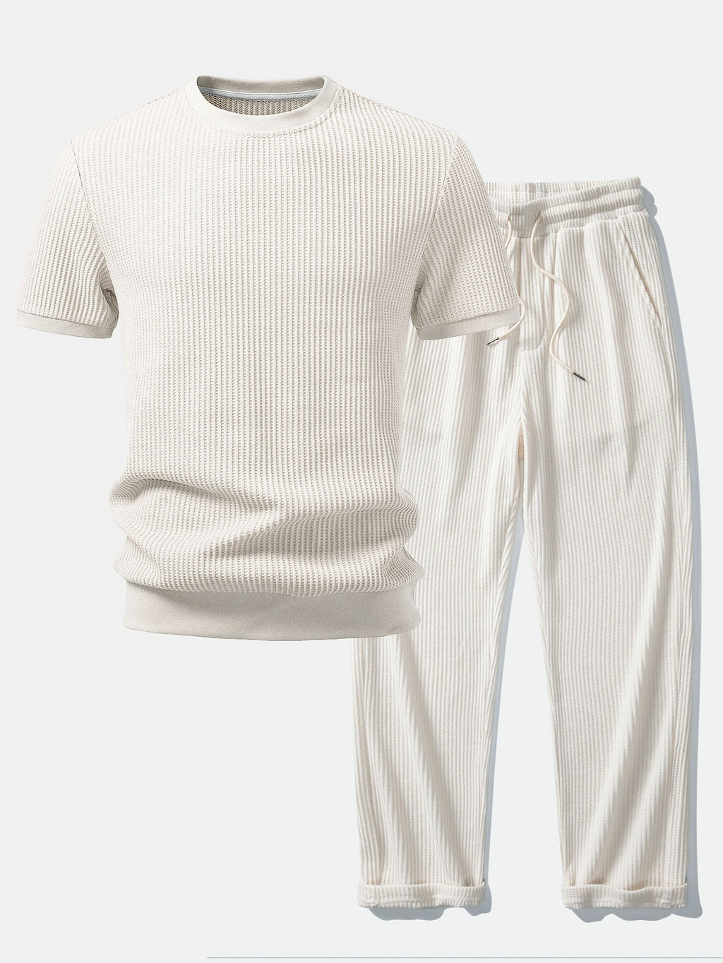Waffle Ribbed Hem T-Shirt & Drawstring Knitted Waffle Pants