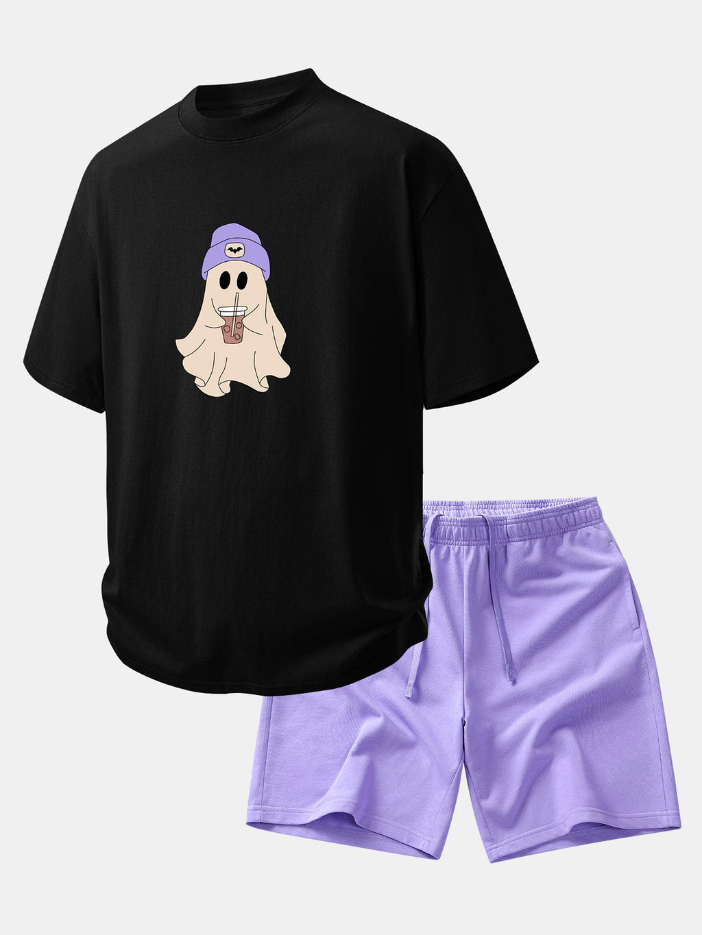 Relax Fit Purple Hat Ghost Print Cotton T-Shirt & Cotton Drawstring 7" Shorts