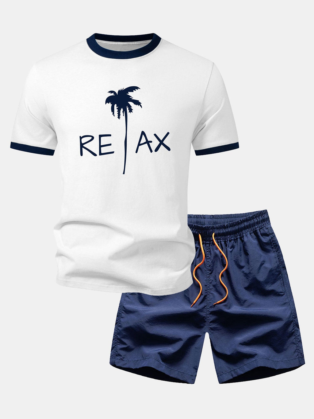 Relax Palm Tree Print Contrast Ringer T-Shirt & Swim Shorts