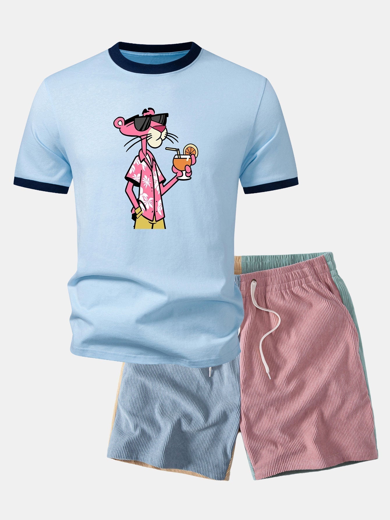 Vacation Pink Panther Print Contrast Ringer T-Shirt & Color Block Drawstring 6" Corduroy Shorts