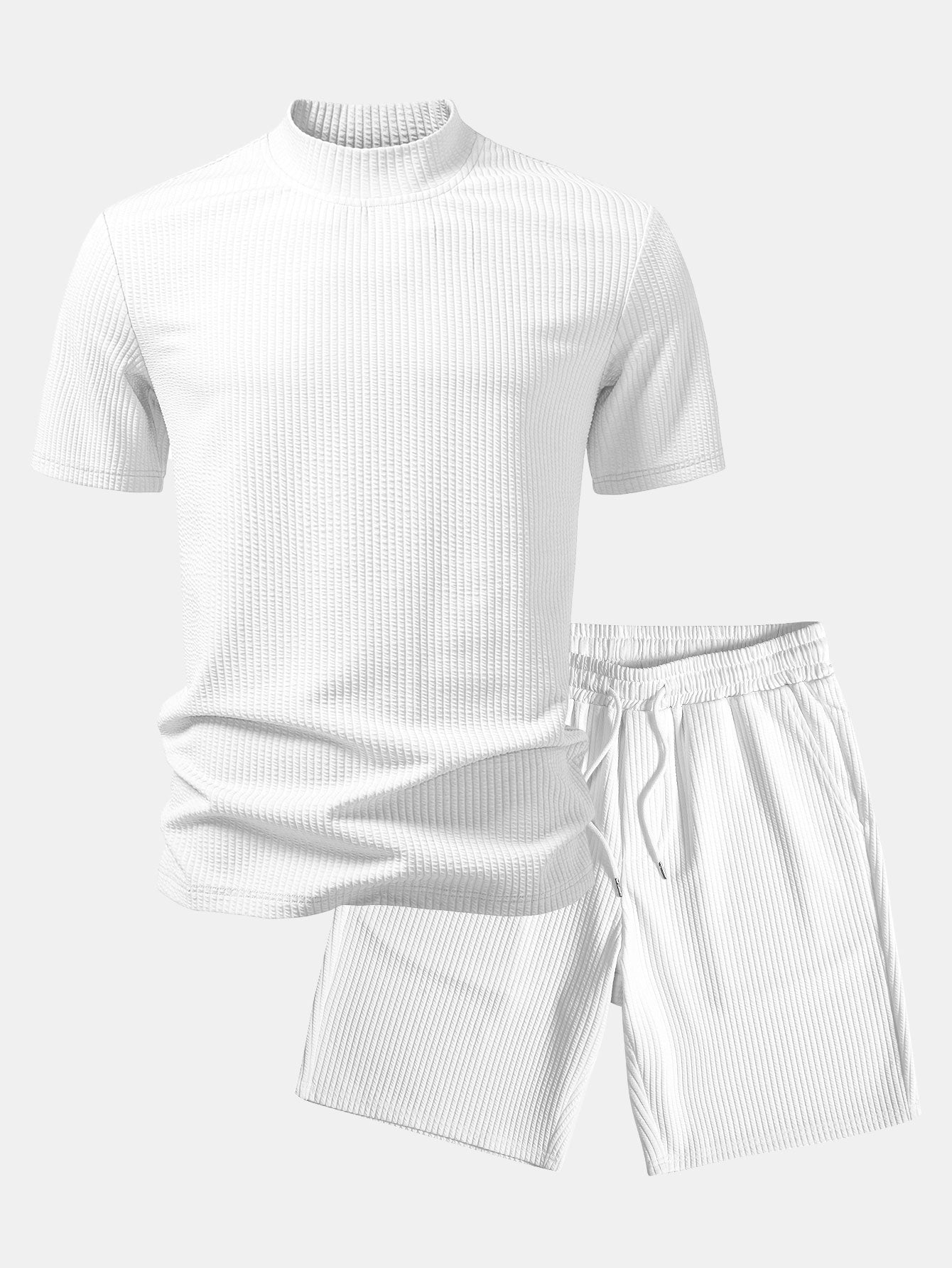 Ribbed  Mock Neck T-Shirt & Drawstring Ribbed Shorts