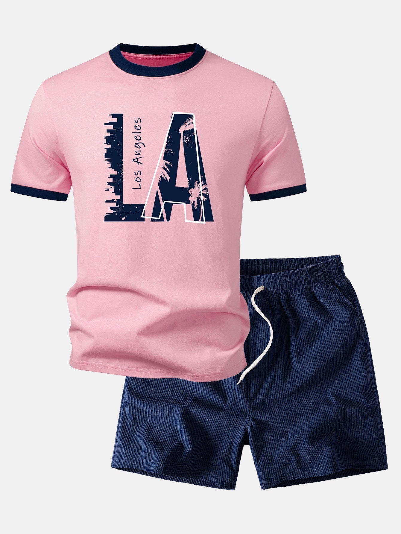 Los Angeles Print Contrast Ringer T-Shirt & 5" Drawstring  Corduroy Shorts