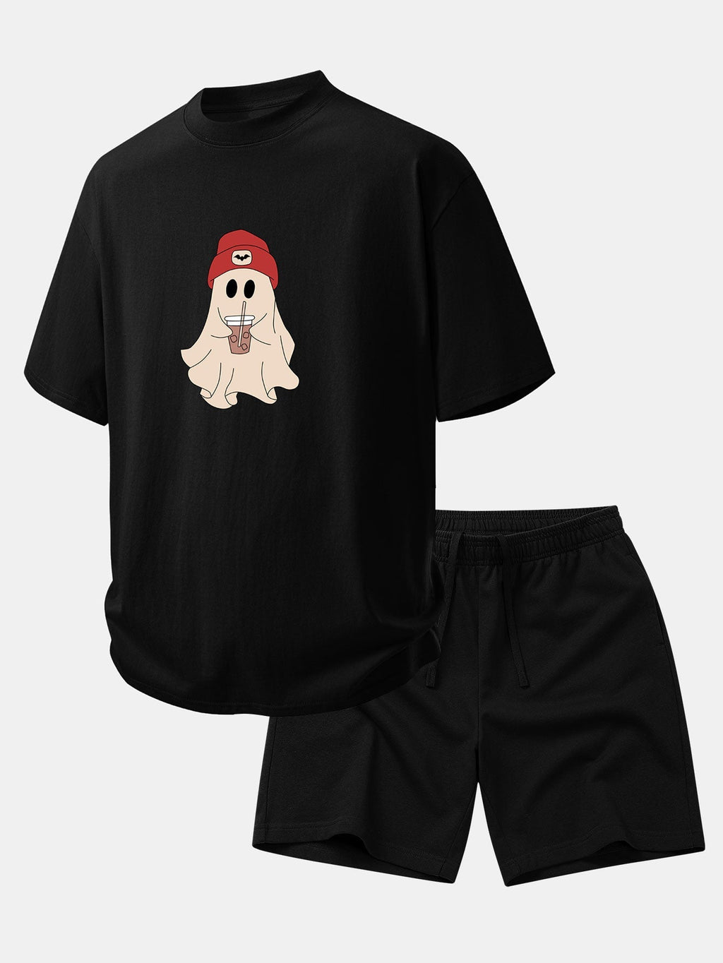 Relax Fit Red Hat Ghost Print Cotton T-Shirt & Cotton Drawstring 7" Shorts