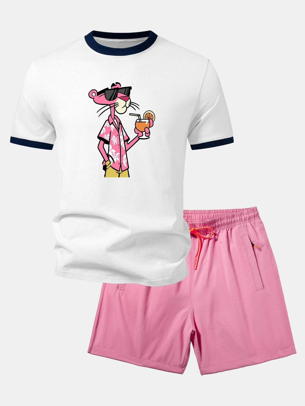 Vacation Pink Panther Print Contrast Ringer T-Shirt & Zip Pocket Swim Shorts