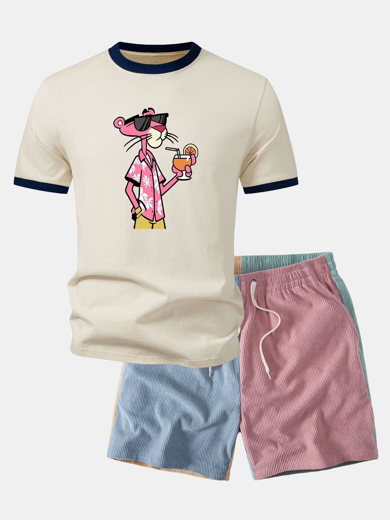 Vacation Pink Panther Print Contrast Ringer T-Shirt & Color Block Drawstring 6" Corduroy Shorts