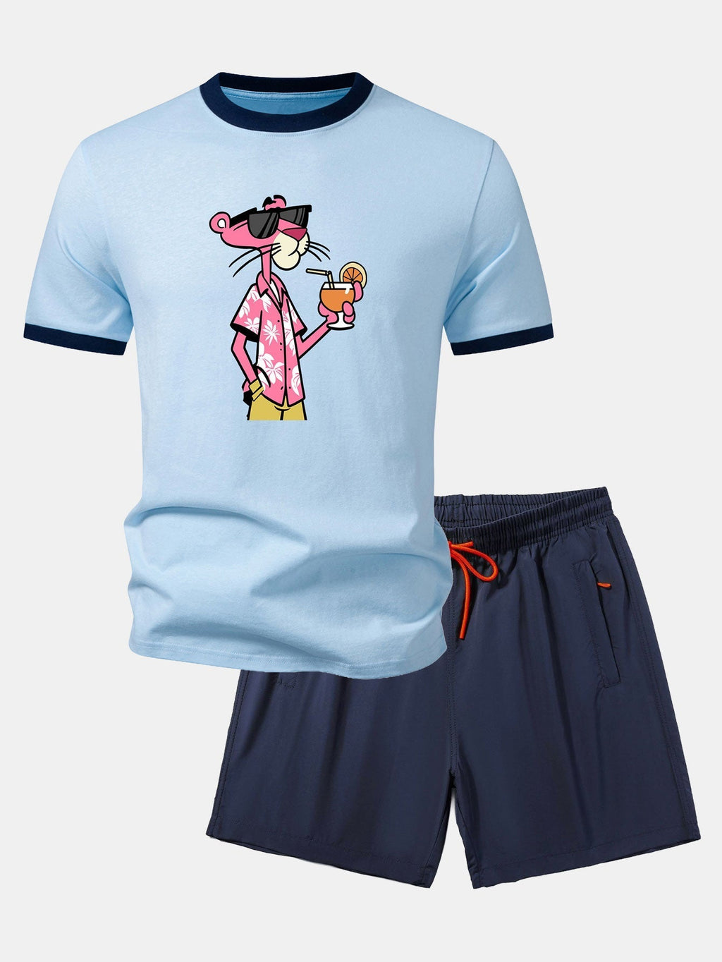 Vacation Pink Panther Print Contrast Ringer T-Shirt & Zip Pocket Swim Shorts