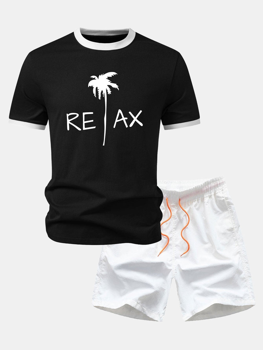 Relax Palm Tree Print Contrast Ringer T-Shirt & Swim Shorts