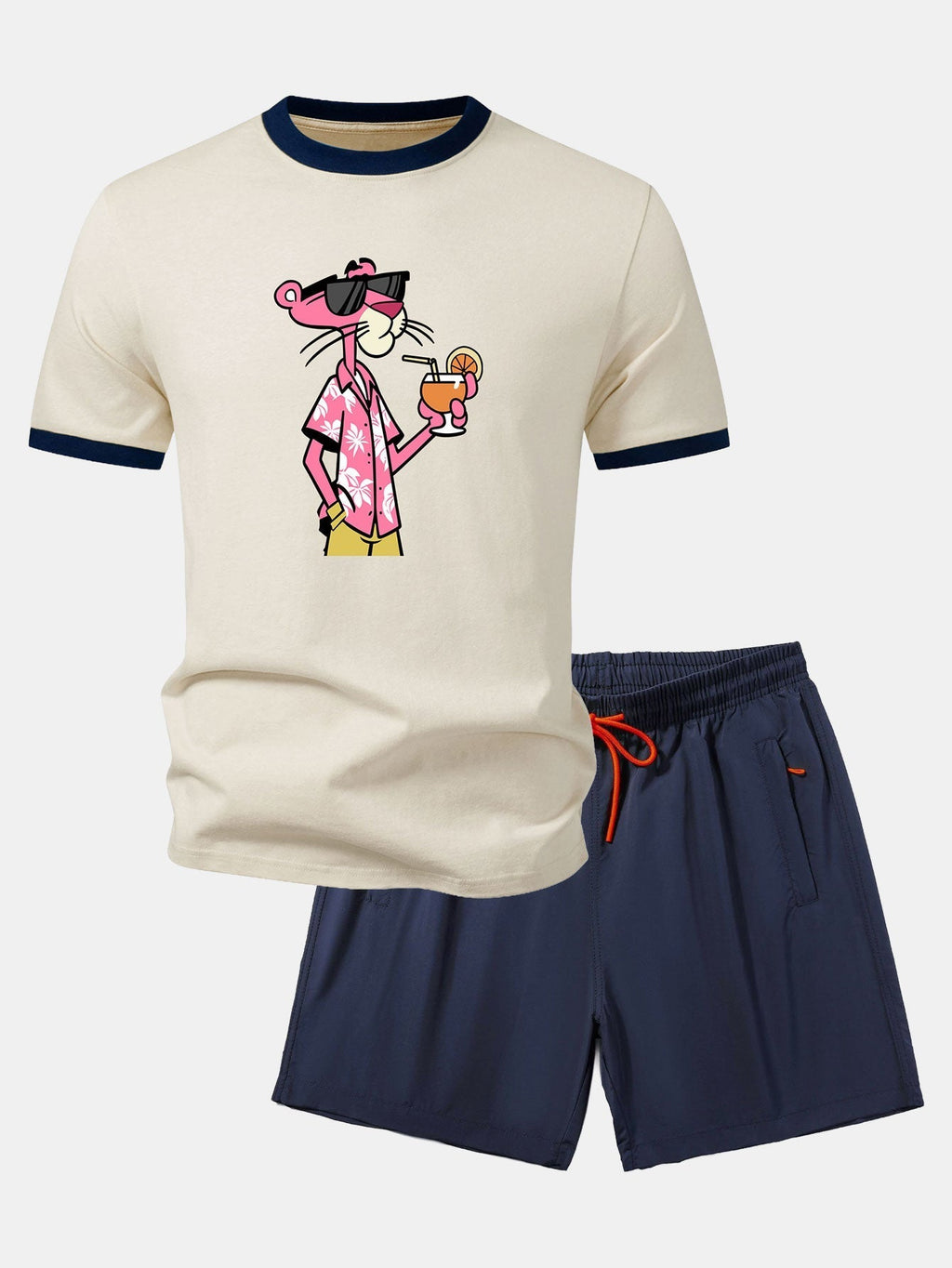 Vacation Pink Panther Print Contrast Ringer T-Shirt & Zip Pocket Swim Shorts