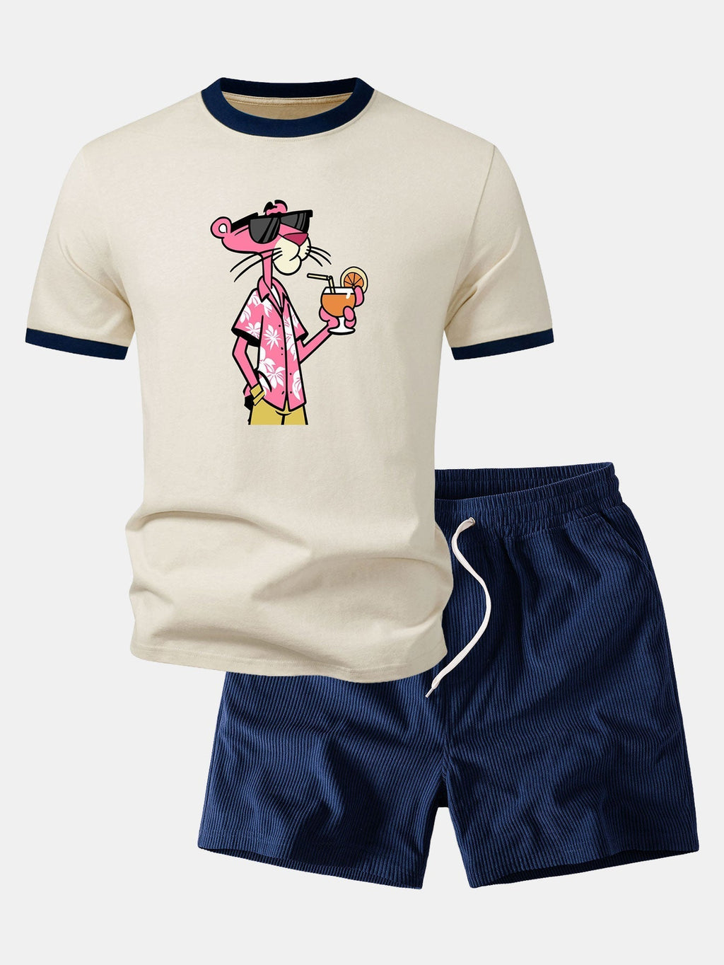 Vacation Pink Panther Print Contrast Ringer T-Shirt & 5" Drawstring  Corduroy Shorts