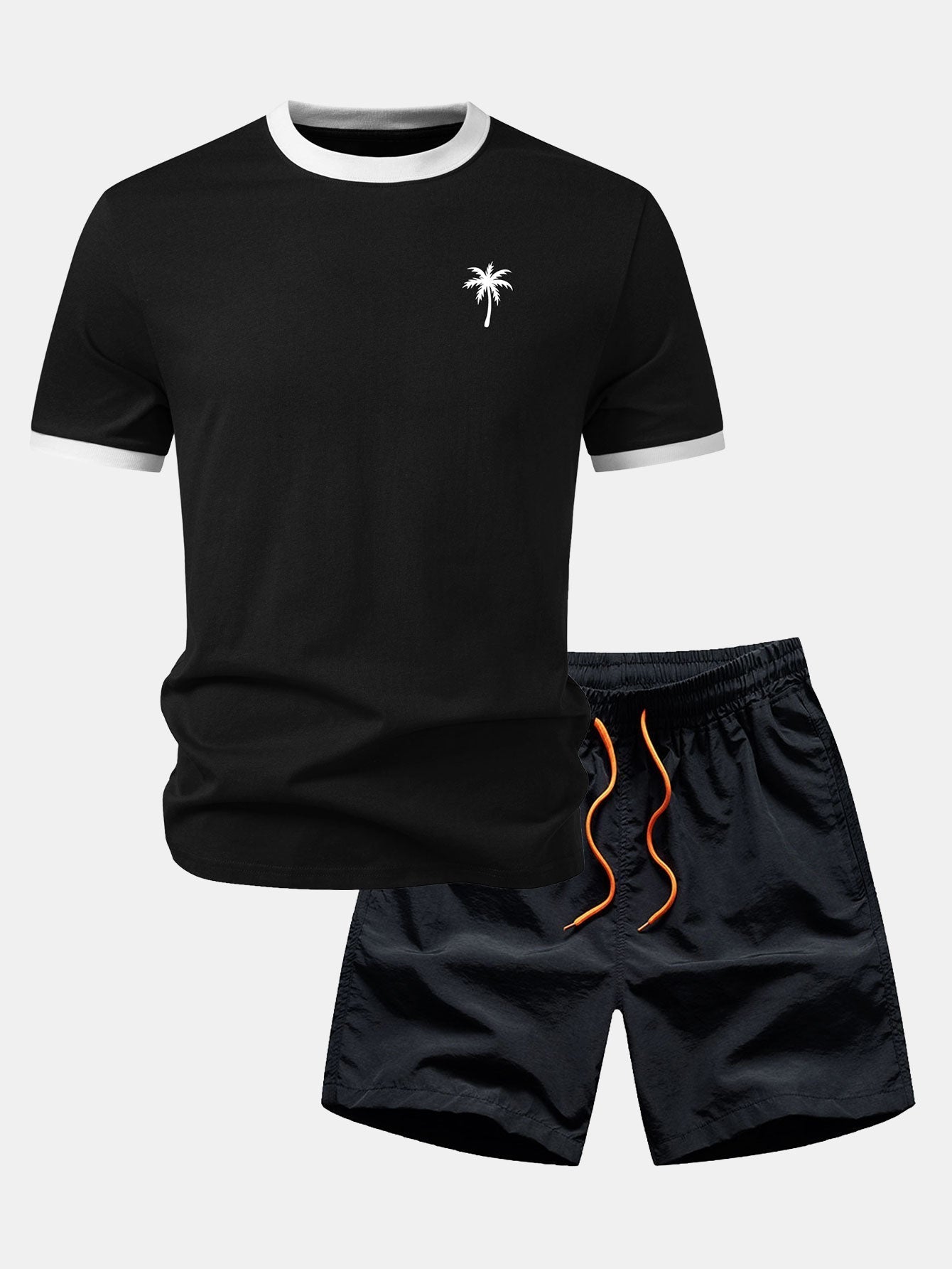 Palm Tree Print Contrast Ringer T-Shirt & Swim Shorts