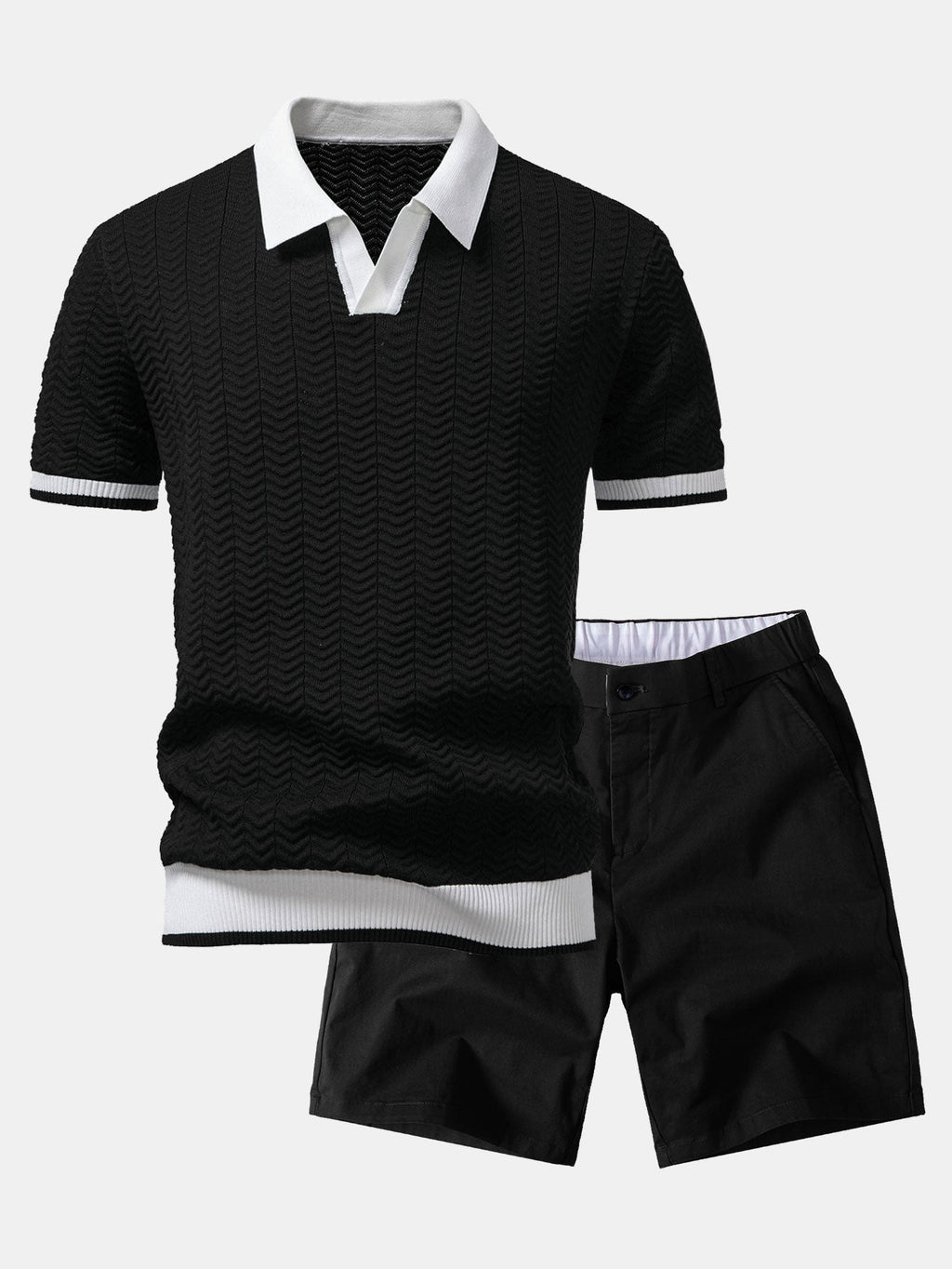 Texture Contrast Knitted V Neck Polo Shirt & Elastic Waist Chino Shorts