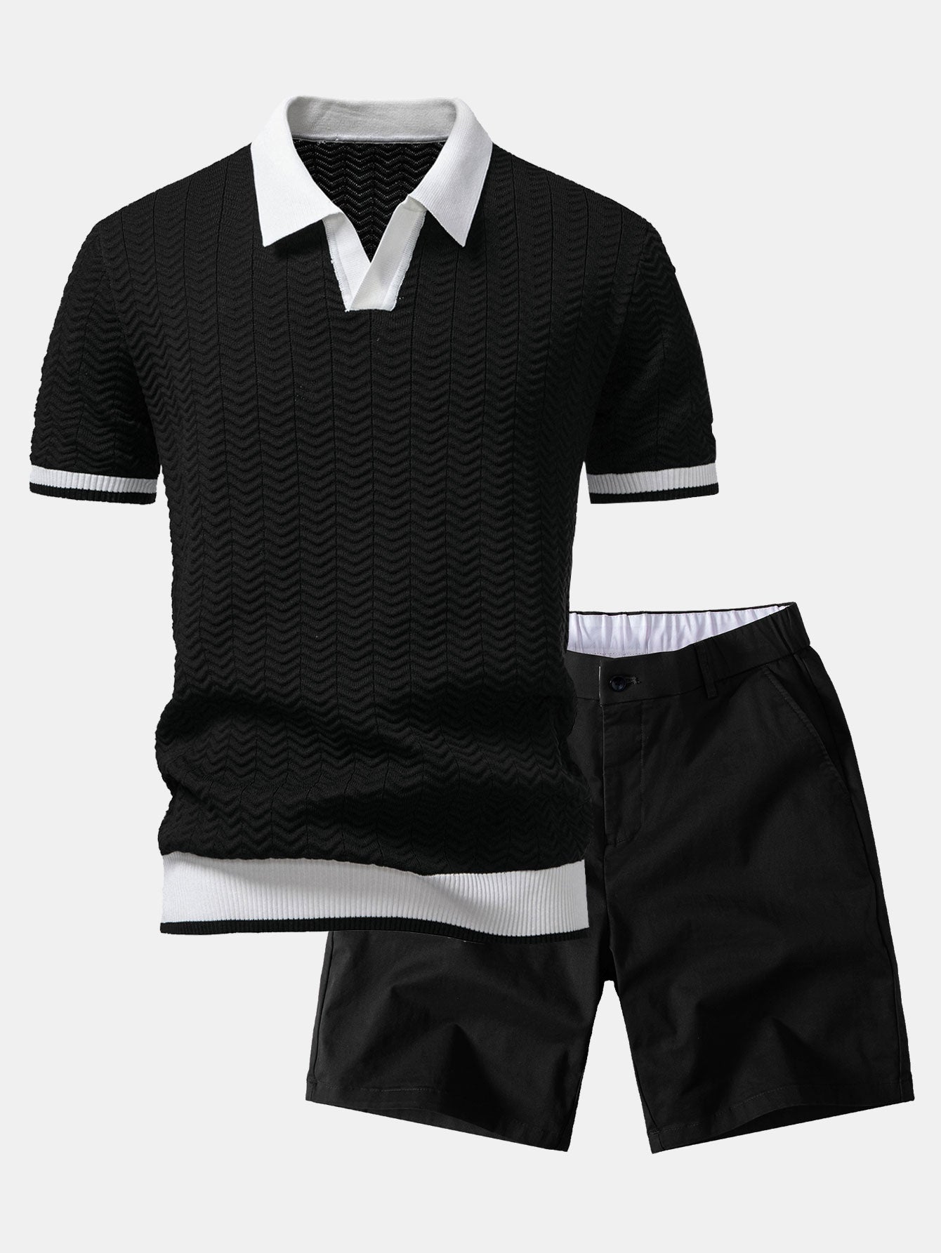 Texture Contrast Knitted V Neck Polo Shirt & Elastic Waist Chino Shorts