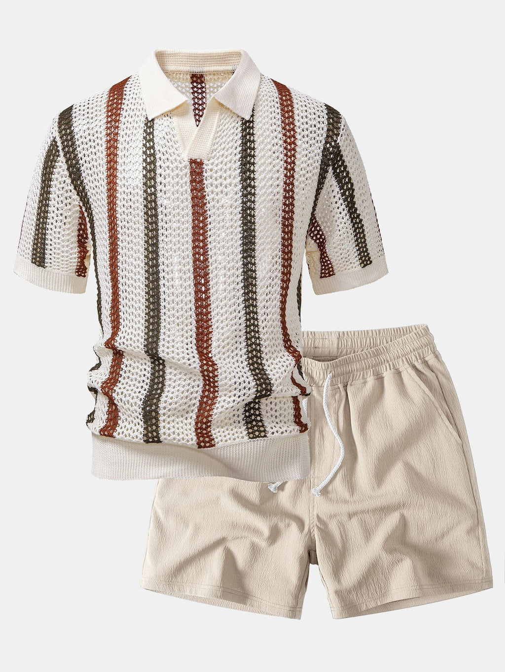 Striped Crochet V Neck Polo & Crinkle Textured Drawstring 5" Shorts