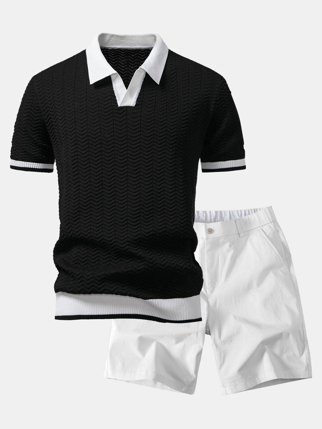 Texture Contrast Knitted V Neck Polo Shirt & Elastic Waist Chino Shorts
