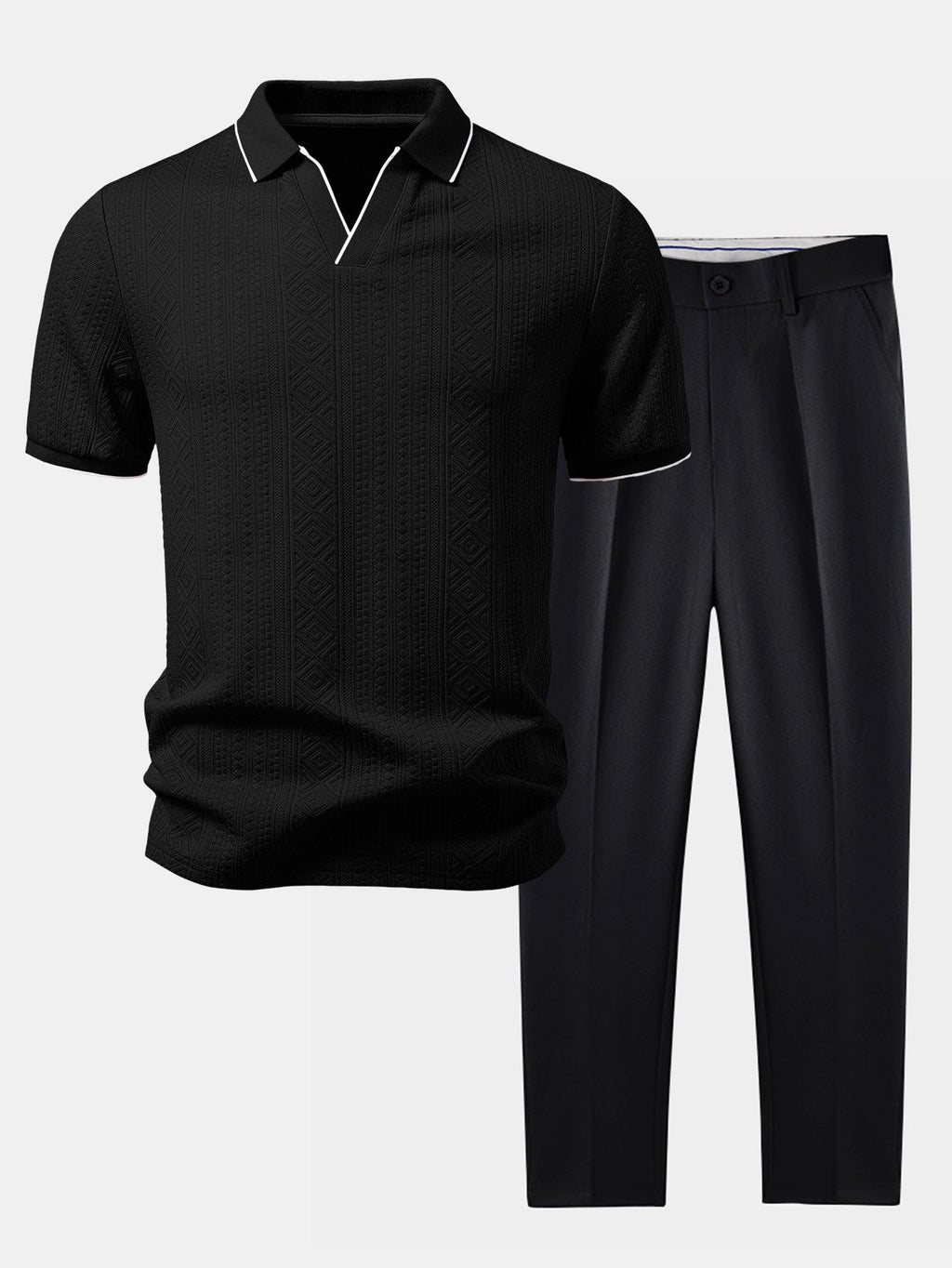 Geometric Jacquard V Neck Polo & Slim Fit Tapered Trousers