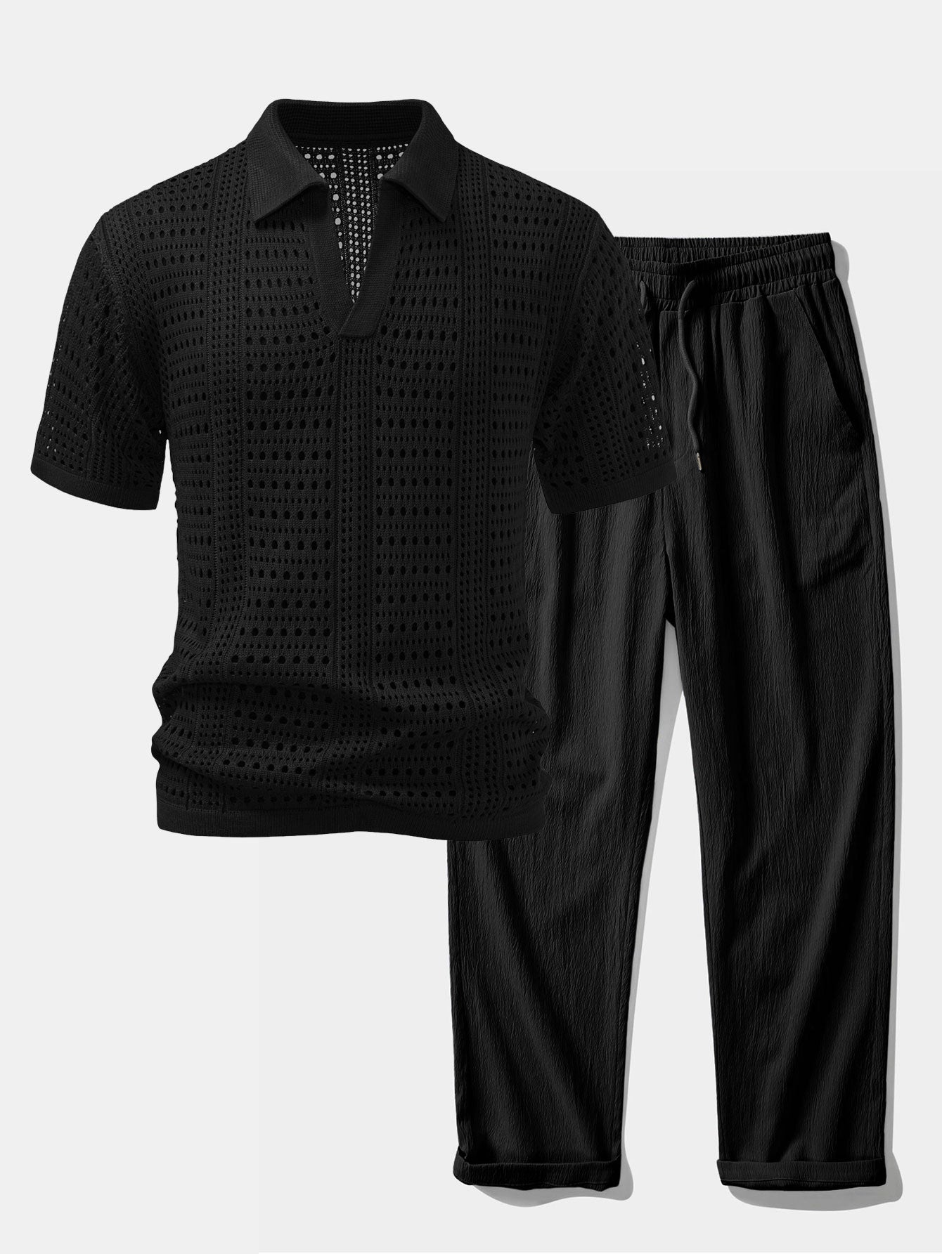 Crochet  V Neck Polo Shirt & Crinkle Textured Straight Leg Pants