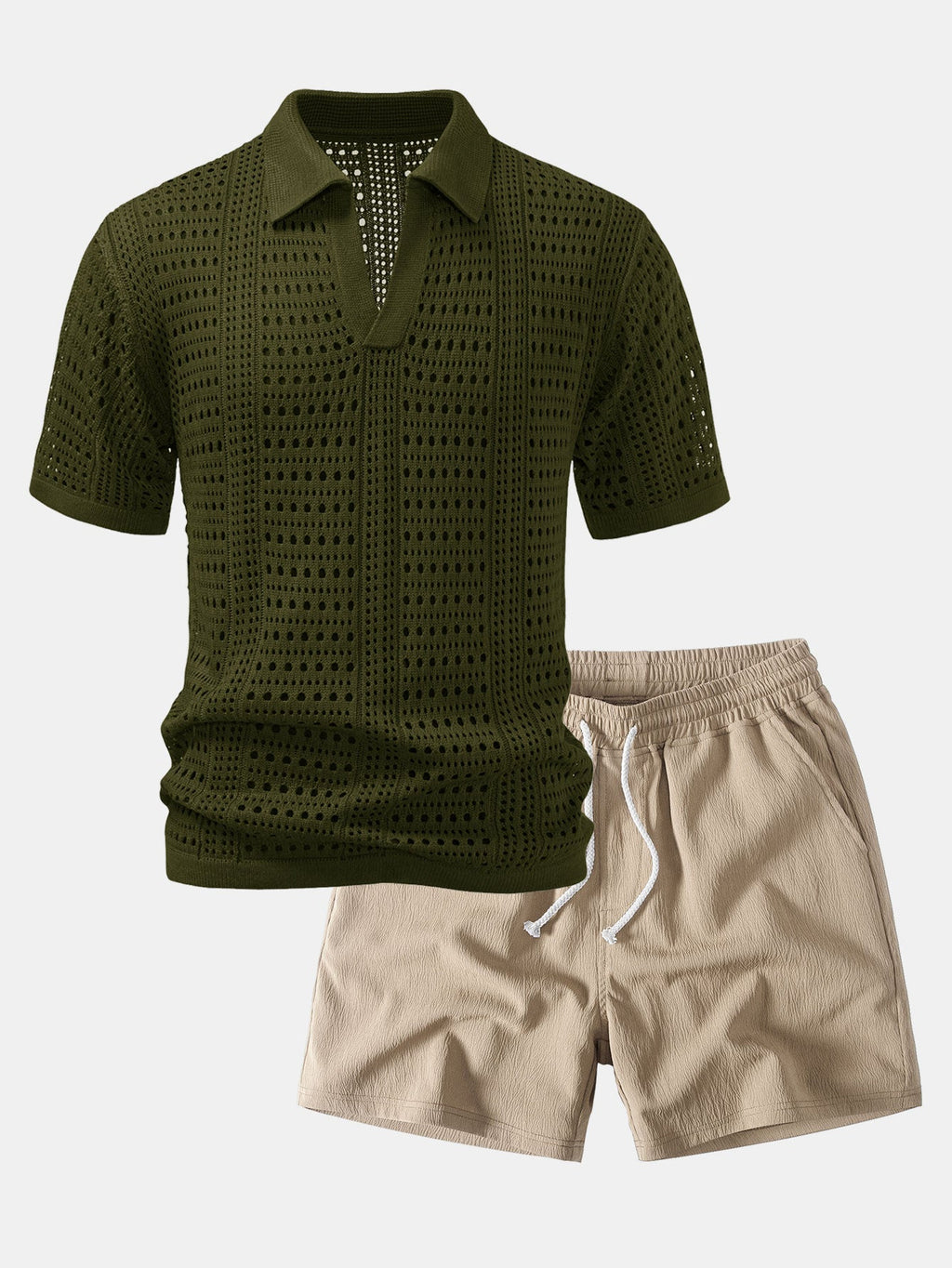 Crochet  V Neck Polo Shirt & Crinkle Textured Drawstring 5" Shorts