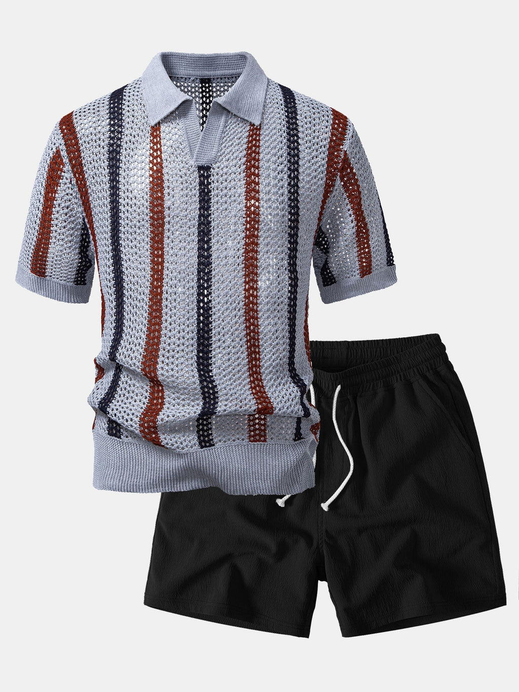 Striped Crochet V Neck Polo & Crinkle Textured Drawstring 5" Shorts