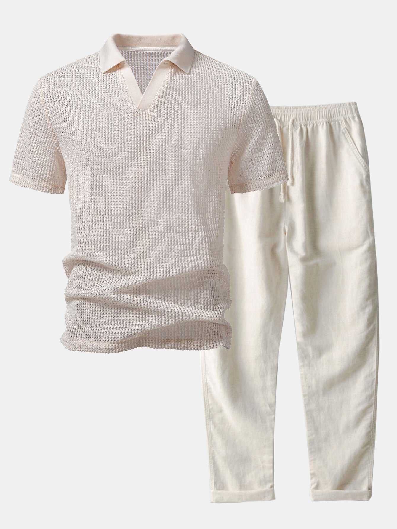 Relax Fit Crocheted V Neck Polo & Straight Leg Linen Pants
