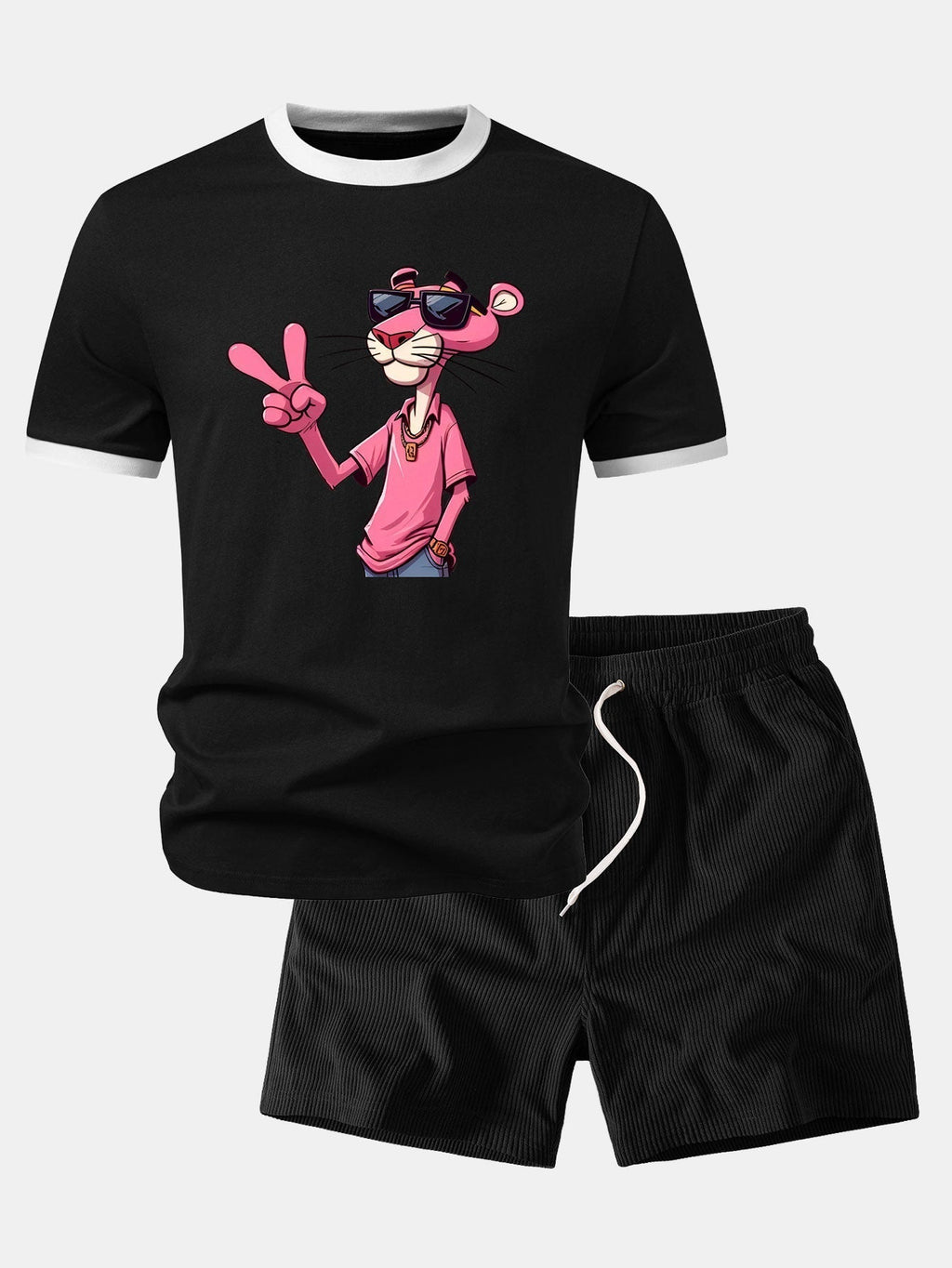 Pink Panther With V Sign Print Contrast Ringer T-Shirt & 5" Drawstring  Corduroy Shorts
