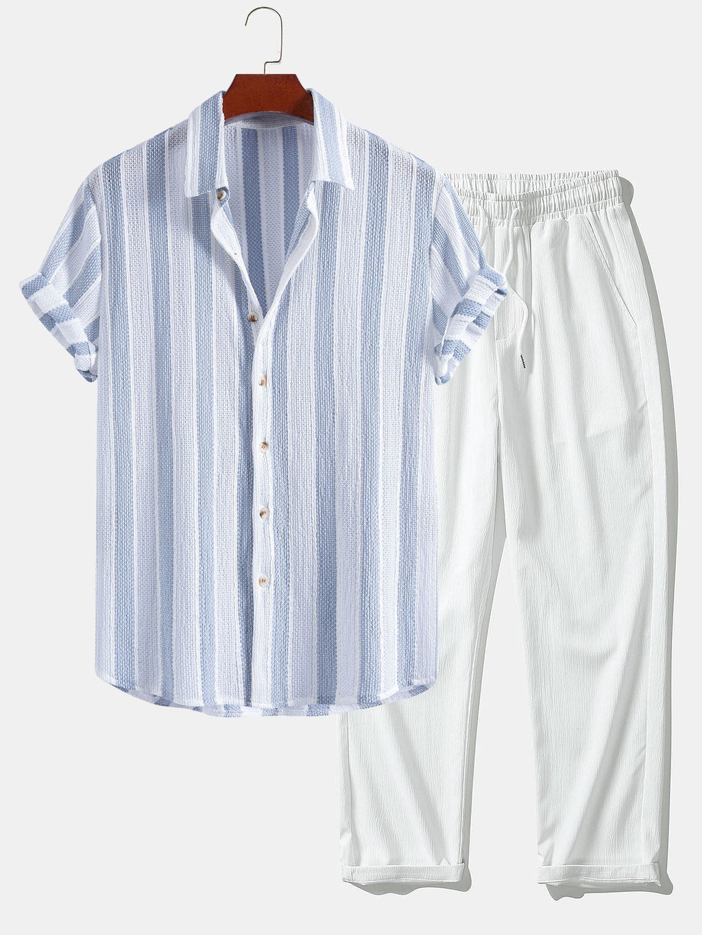 Textured Striped Button Up Shirt & Crinkle Textured Straight Leg Pants