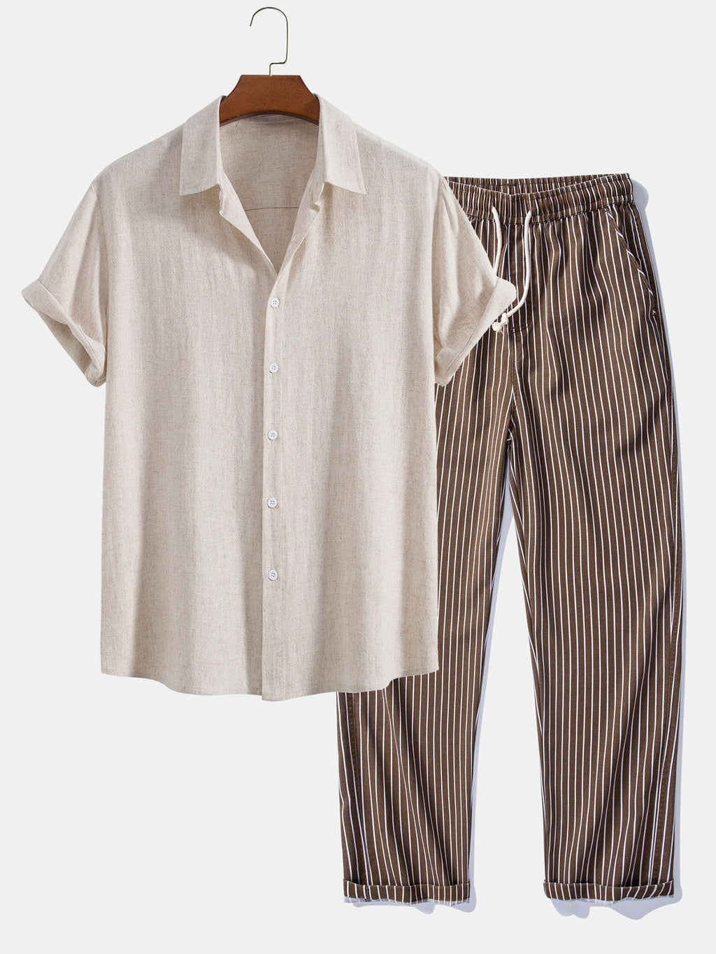 Linen Rayon Blend Button Up Shirt & Stripe Straight Leg Linen Pants