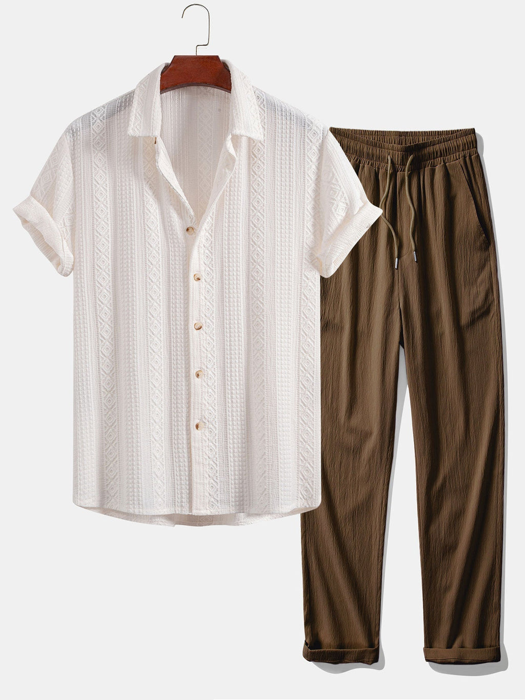 Geometric Jacquard Button Up Shirt & Crinkle Textured Straight Leg Pants