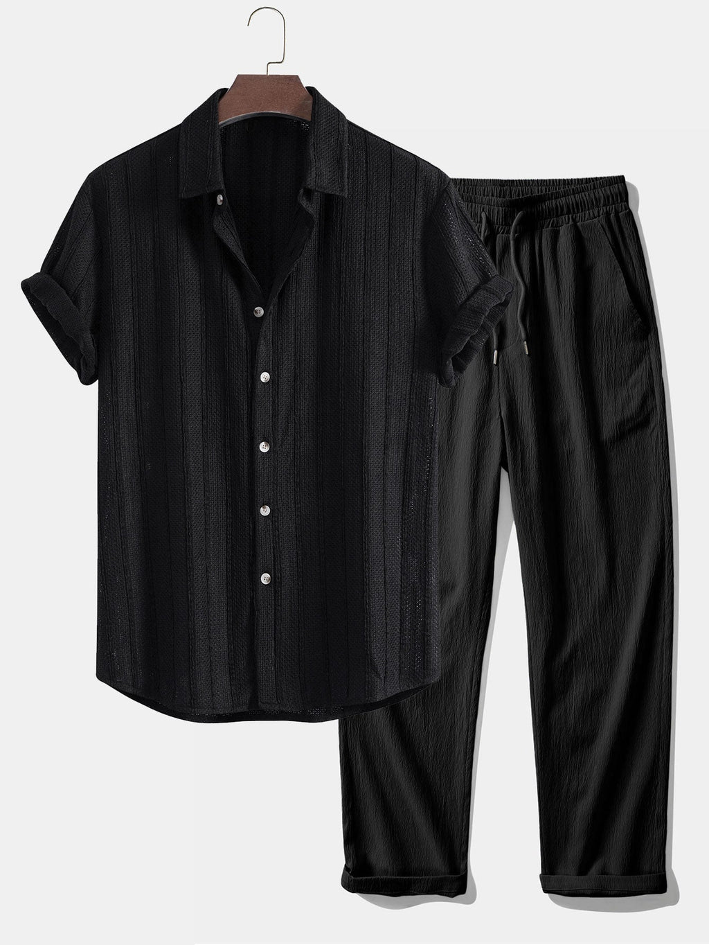 Textured Striped Button Up Shirt & Crinkle Textured Straight Leg Pants