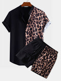 Leopard Patchwork Stand Collar Shirt & Leopard Print Patchwork 6" Shorts