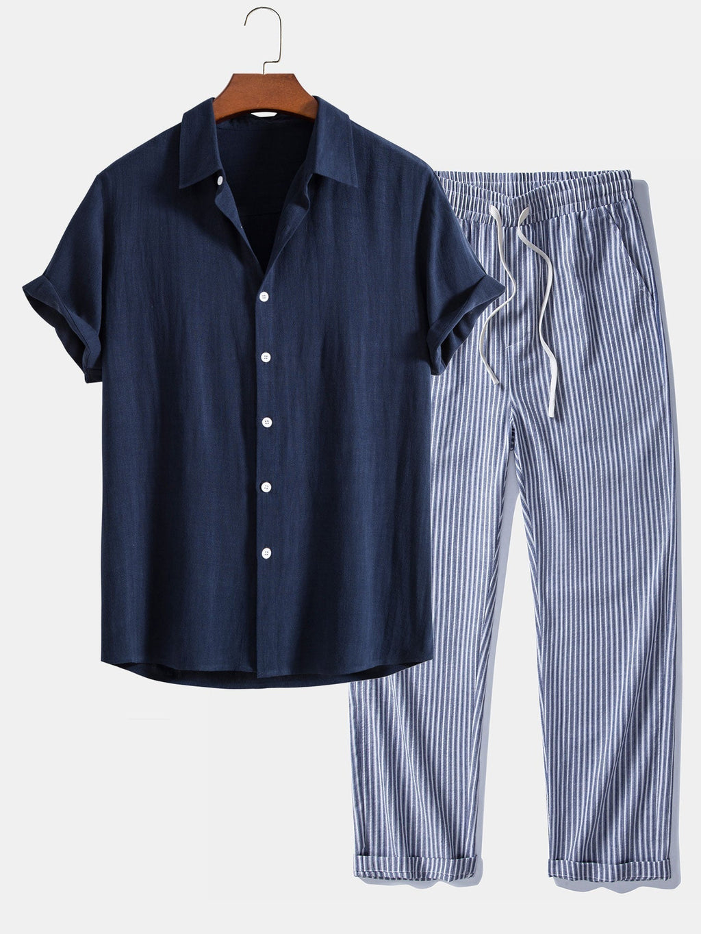 Linen Rayon Blend Button Up Shirt & Linen Look Stripe Straight Leg Pants